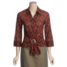 Lafayette 148 New York Cotton Shirt - Tie Front, 3/4 Sleeve (For Women) in Espresso Multi - Closeouts