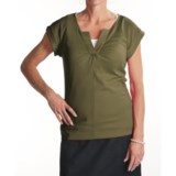 Lilla P Fine Rib Split Neck T-Shirt - Short Sleeve (For Women)