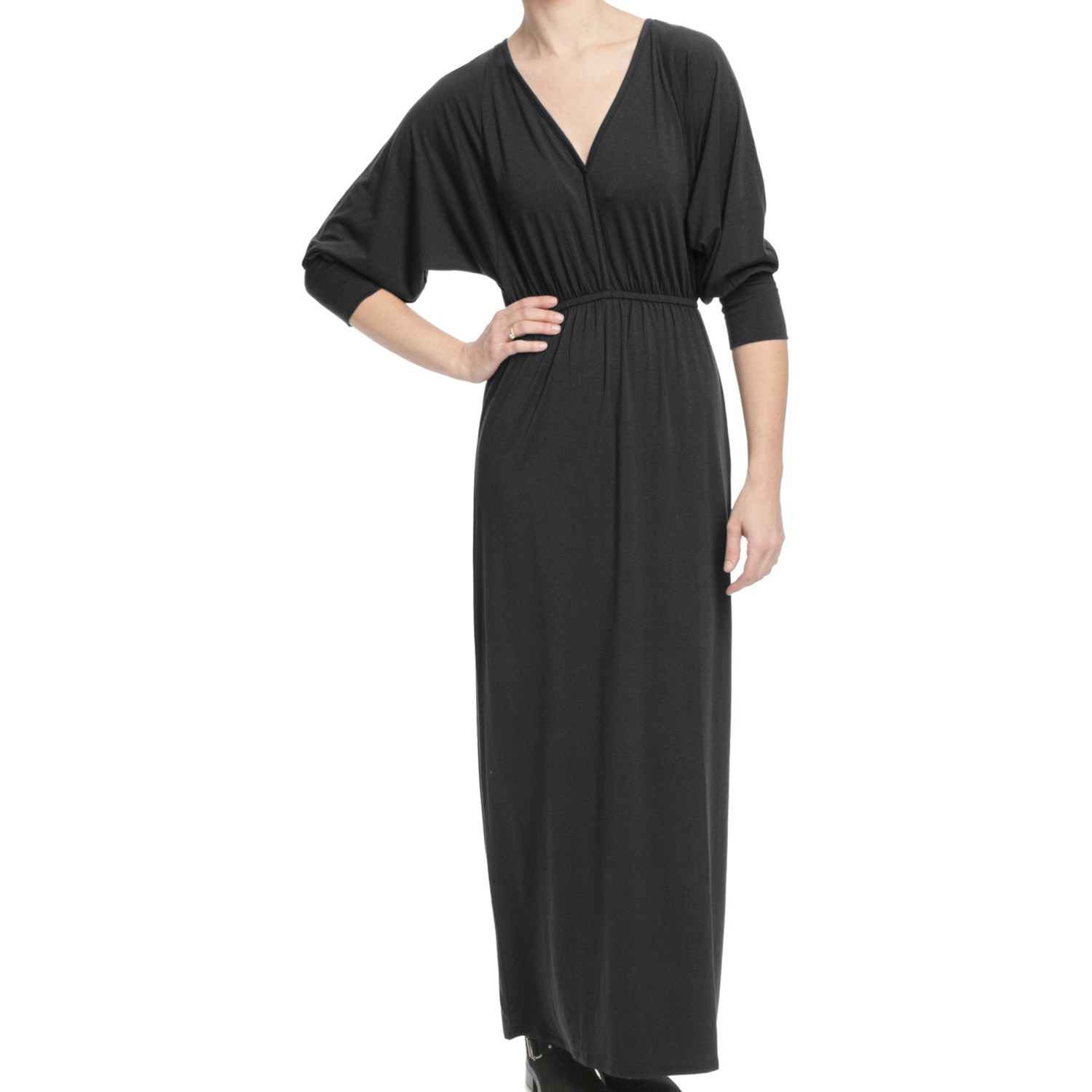 ... Stretch V-Neck Maxi Dress - Long Dolman Sleeve (For Women) in Black