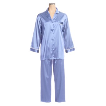 Linda Hartman Satin Charmeuse Pajamas - Long Sleeve (For Women) in Periwinkle/Porcelian