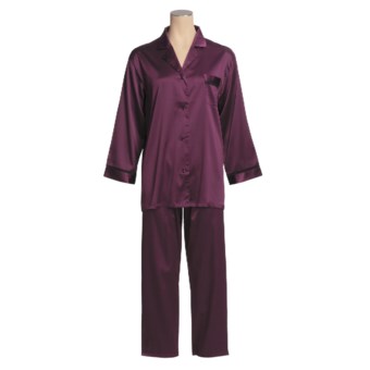 Linda Hartman Satin Charmeuse Pajamas - Long Sleeve (For Women) in Plum Wine/Black