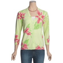 Linea Blu Cotton Knit Cardigan Sweater - 3/4 Sleeve (For Women) in Green Floral - Closeouts
