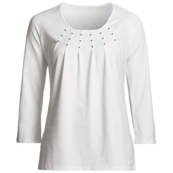 Madison Hill Pleated Studded Shirt - Cotton, 3/4 Sleeve (For Women) in Soft White