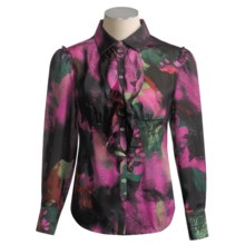 Magaschoni Collection Silk Georgette Shirt - Ruffle Front, Long Sleeve (For Women) in Black/Rose/Auburn/Fir - Closeouts