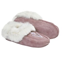 Manitobah Mukluks Suede Moccasin Slippers - Shearling-Lined, Rabbit Fur Trim (For Women) in Pink W/ White Fur - Closeouts