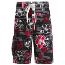 Maui Waves Draw Waist Swim Trunks - Built-In Brief (For Youth Boys) in Black Hibiscus - Closeouts