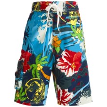 Maui Waves Draw Waist Swim Trunks - Built-In Brief (For Youth Boys) in Navy Hawaiian - Closeouts
