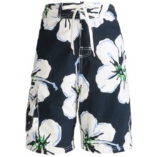 Maui Waves Draw Waist Swim Trunks - Built-In Brief (For Youth Boys) in Navy Hibiscus - Closeouts
