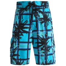 Maui Waves Draw Waist Swim Trunks - Built-In Brief (For Youth Boys) in Turquise Palm Tree - Closeouts