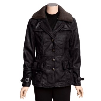 MontanaCo Faux-Shearling Barn Coat - Knit Collar Inset (For Women) in Midnight