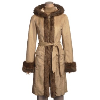 MontanaCo Faux-Shearling Trench Coat - Hooded, 3/4 Length (For Women) in Palamino