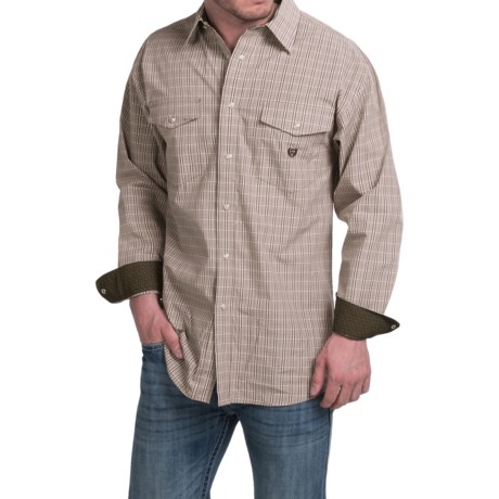 Panhandle Slim Peached Poplin Check Shirt Snap Front Long Sleeve For Men