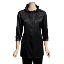 Paperwhite Stretch Silk Tunic Shirt - Ruffle Neck, 3/4 Sleeve (For Women) in Black - Closeouts