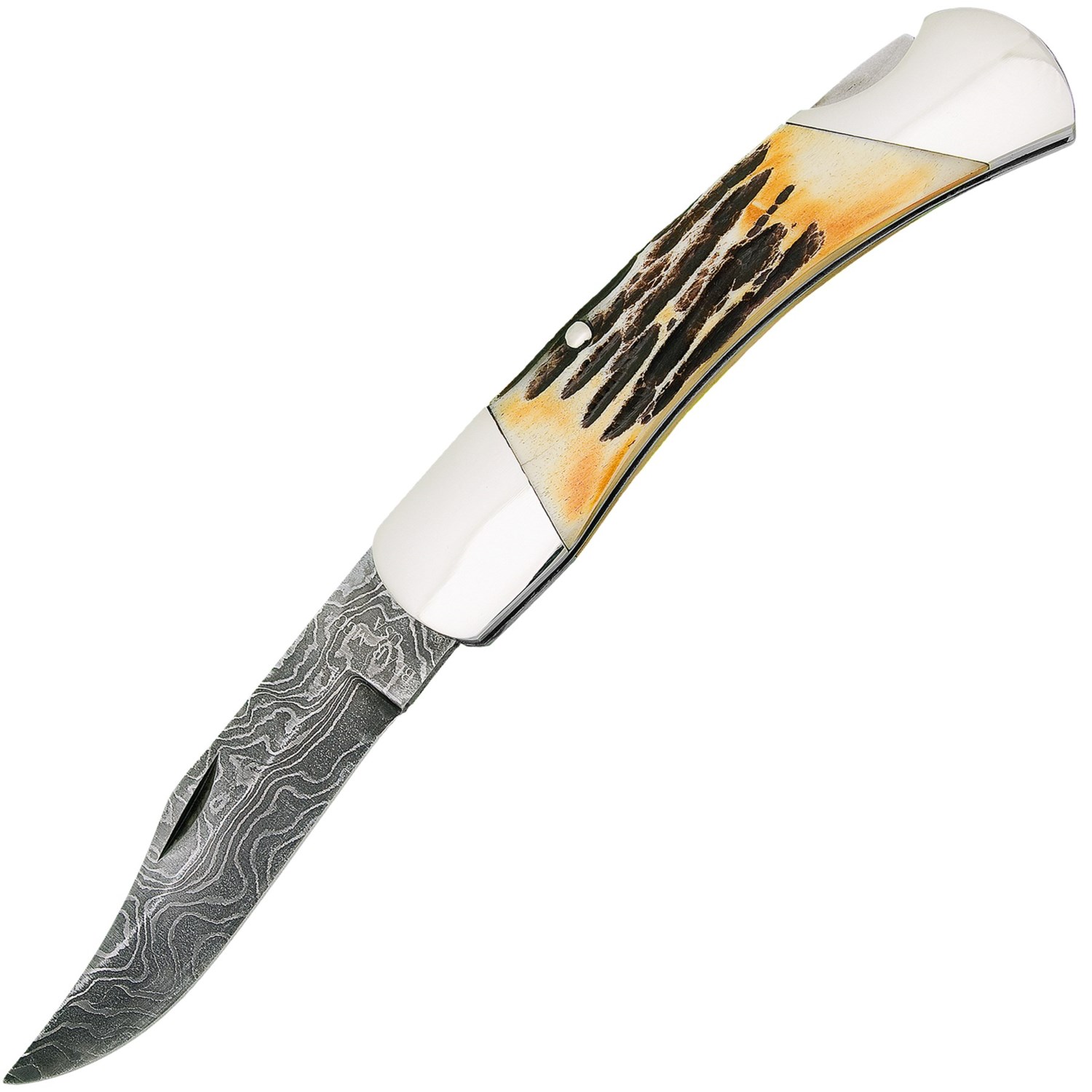 Bear and Son Cutlery 5" Stag Bone Folding Knife Damascus Steel