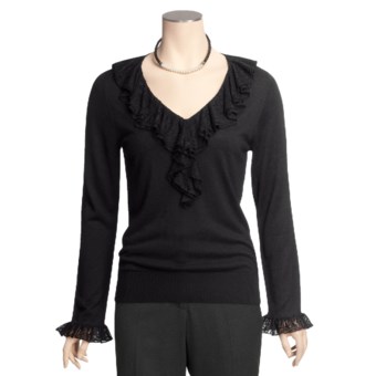 August Silk Warm Hand Shirt - Lace Flounce Neck, Long Sleeve (For Women)