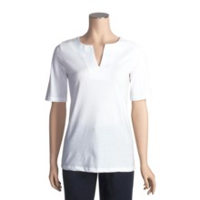 Project Split Neck Knit Shirt - Tone-on-Tone Embroidery Neck, Elbow Sleeve (For Women) in White - Closeouts