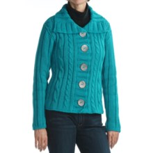Pure Handknit Adalaide Ribbed Cardigan Sweater - Double-Knit Cotton, Fold-Down Collar (For Women) in Turquoise - Closeouts
