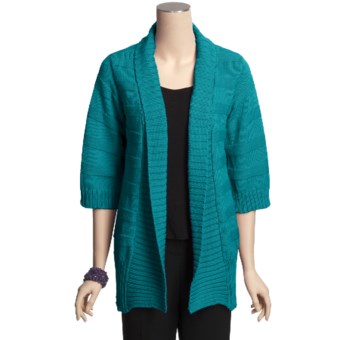 Pure Handknit Banff Shawl Cardigan Sweater - Wide-Ribbed, 3/4 Sleeve (For Women) in Turquoise