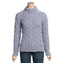 Pure Handknit Cable Turtleneck Sweater - Double-Knit Cotton, Fold-Down Collar, Ribbed (For Women) in Silver - Closeouts