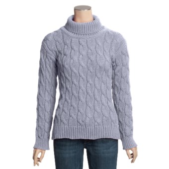 Pure Handknit Cable Turtleneck Sweater - Double-Knit Cotton, Fold-Down Collar, Ribbed (For Women) in Silver