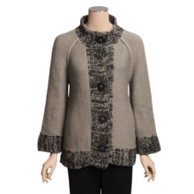 Pure Handknit Cotton Cardigan Sweater - Marled Trim, 3/4 Sleeve (For Women) in Pebble - Closeouts