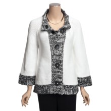 Pure Handknit Cotton Cardigan Sweater - Marled Trim, 3/4 Sleeve (For Women) in White - Closeouts