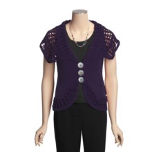 Pure Handknit Single-Knit Vest - Cotton, Oversized Crochet Detail (For Women) in Purple Monaco - Closeouts