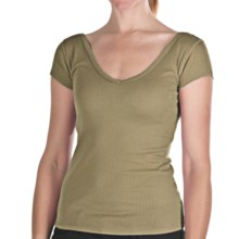 Ribbed Tissue Cotton V-Neck Shirt - Short Sleeve (For Women) in Army - 2nds