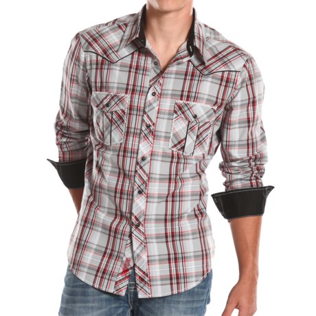 Rock and Roll Cowboy Poplin Plaid Shirt with Embroidery Snap Front, Long Sleeve (For Men)