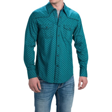 Rock and Roll Cowboy Poplin Print Shirt with Piping Snap Front Long Sleeve For Men