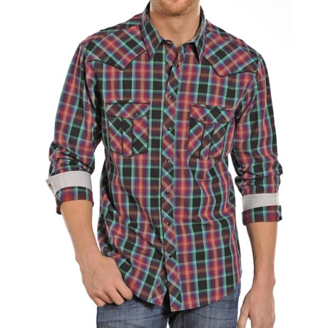 Rock and Roll Cowboy Sateen Plaid with Rail Stitch Shirt Long Sleeve For Men