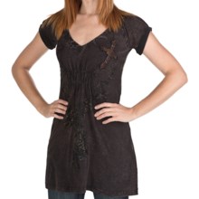 Rock & Roll Cowgirl Cross Applique Distress Dress - Smocked Peasant Short Sleeve, V-Neck (For Women) in 20 Chocolate - Closeouts