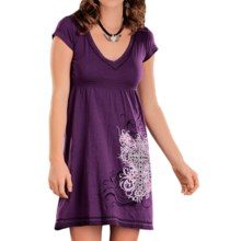 Rock & Roll Cowgirl Cross Embroidered Smocked Dress - V-Neck, Short Sleeve (For Women) in Purple - Closeouts