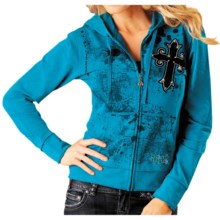 Rock & Roll Cowgirl Flock Cross Hoodie Sweatshirt - French Terry Knit (For Women) in 87 Bright Turquoise - Closeouts