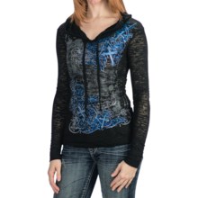Rock & Roll Cowgirl Scrolling Art Burnout Shirt - Hoodie, Long Sleeve (For Women) in Black - Closeouts