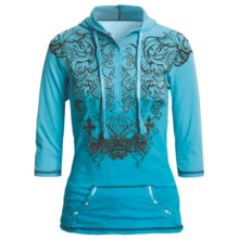 Rock & Roll Cowgirl Tribal Cross Henley Hoodie Shirt - 3/4 Sleeve (For Women) in Light Turquoise - Closeouts