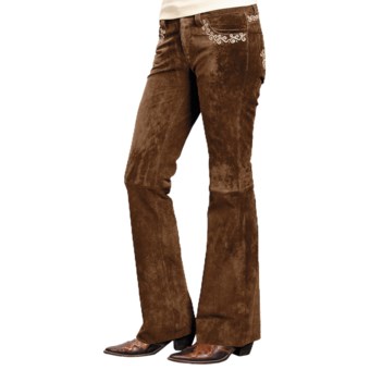 Roper Lightweight Suede Pants - Embroidered Trim (For Women) in Brown