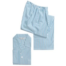 Savile Collection by Derek Rose Pajamas - Cotton, Long Sleeve (For Men) in White/Teal Stripe - Closeouts