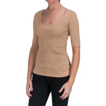 Scoop Neck Shirt - Stretch Cotton, Elbow Sleeve (For Women) in Khaki - 2nds