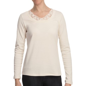 Scoop Neck Shirt with Lace - Cotton, Long Sleeve (For Women) in Ivory