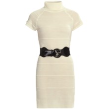 She’s Cool Belted Sweater Dress - Turtleneck, Short Sleeve (For Women) in Cream - Closeouts