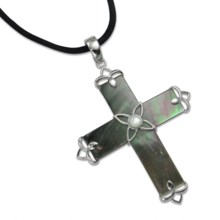 Silver Express Cross Pendant - Mother-of-Pearl Shell, Silk Cord in Black/Mop - Closeouts