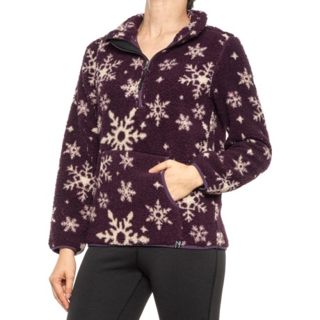 Neve Snowflake Printed Sherpa Jacket - Zip Neck (For Women) - EGGPLANT/OYSTER (L )