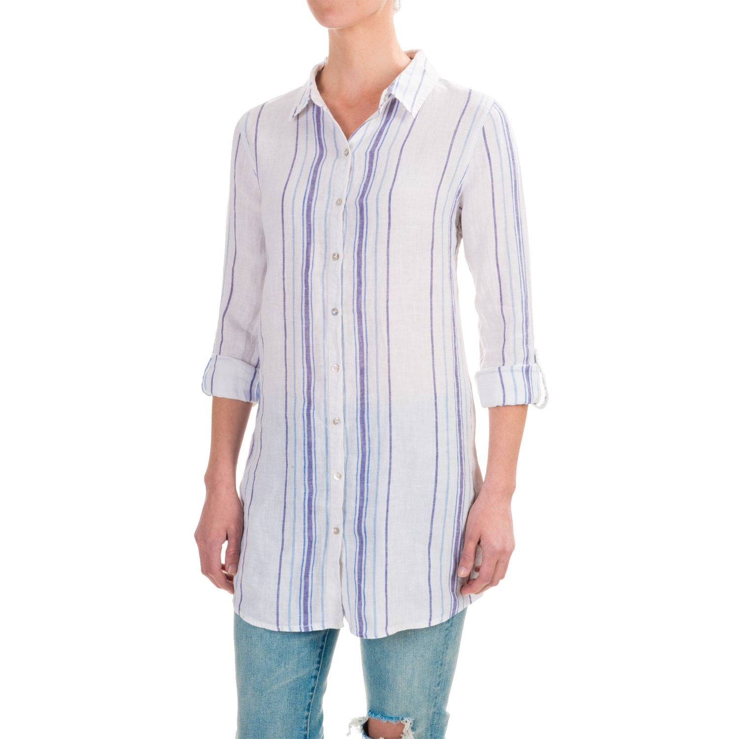 St Tropez West Striped Linen Button Down Tunic Shirt For Women