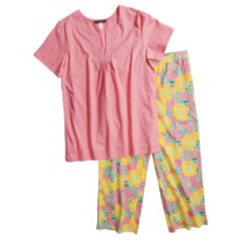 Stan Herman Jersey Knit Pajamas - Printed Pants, Short Sleeve (For Women) in Peach - Closeouts