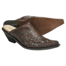 Stetson Hand-Tooled Leather Mules - Pointed Toe, Slip-Ons (For Women) in Brown/Turquoise - Closeouts