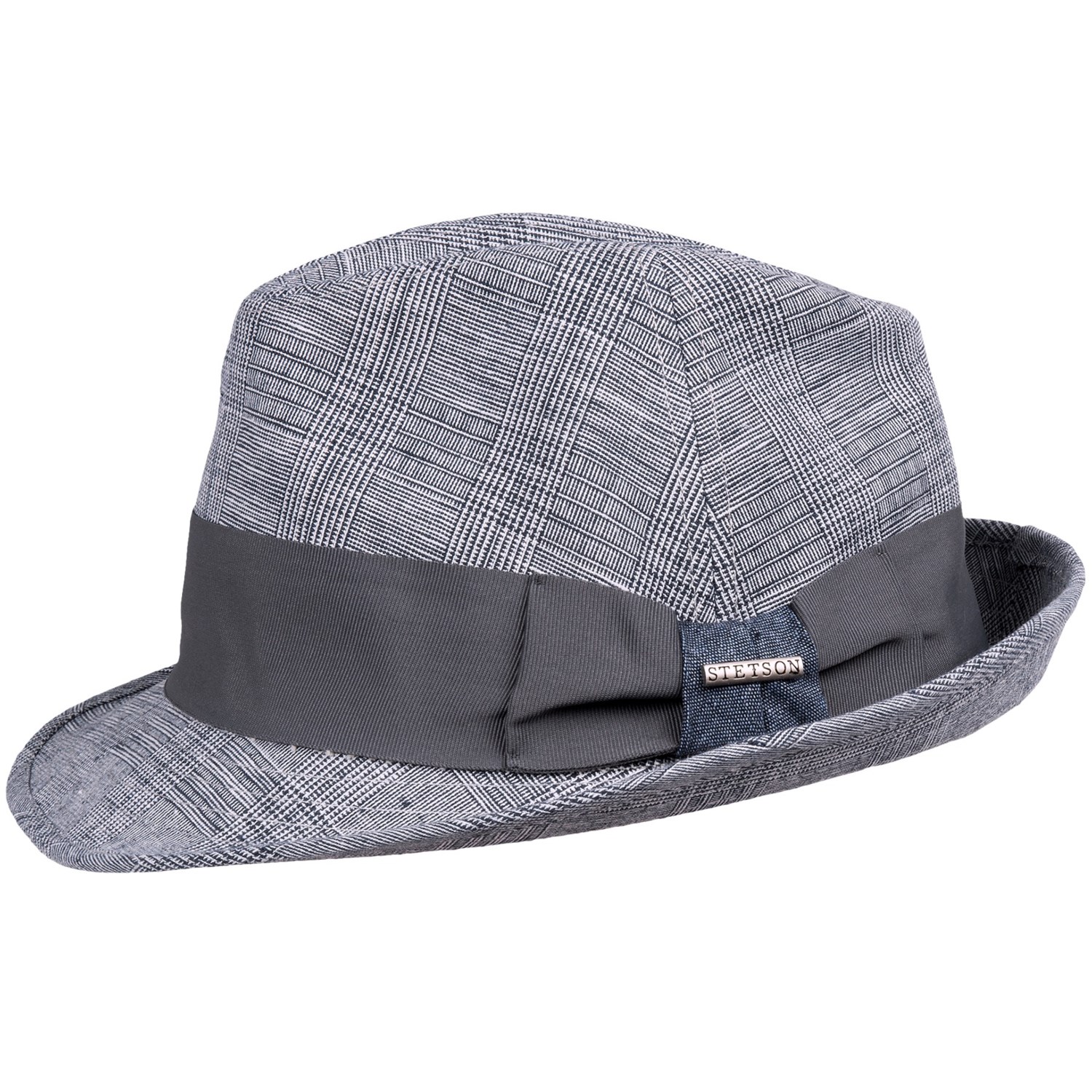 Stetson Plaid Fedora Hat Linen Cotton For Men In Blue 3145