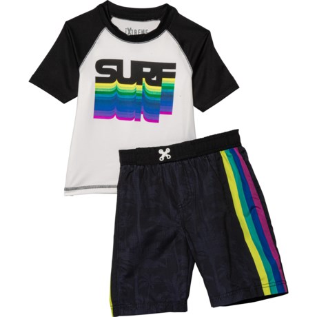 iXtreme Surf Rainbow Rash Guard and Boardshorts Set - Short Sleeve (For Little Boys) - BLACK (7 )