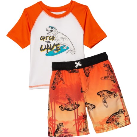 iXtreme Surfing Dino Rash Guard and Boardshorts Set - Short Sleeve (For Toddler Boys) - ORANGE (2T )