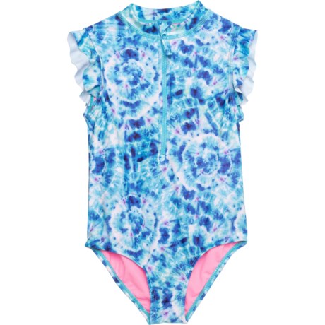 Kensie Tie-Dye Rash Guard Swimsuit - UPF 50 (For Big Girls) - BLUE (14/16 )